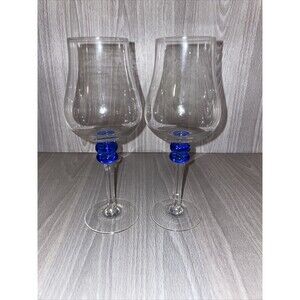 Vintage Pair 8 Inch Tulip Shaped Wine Glasses Clear With Cobalt Accent